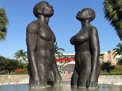 17B The Redemption Song sculpture features a male and female figure gazing to the skies, symbolic of their triumphant rise from slavery in Emancipation Park Kingston Jamaica
